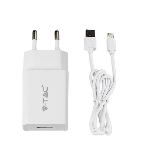 [8645] V-TAC Caricatore da Viaggio con Cavo Ricarica Veloce Micro USB 2.1A Colore Bianco