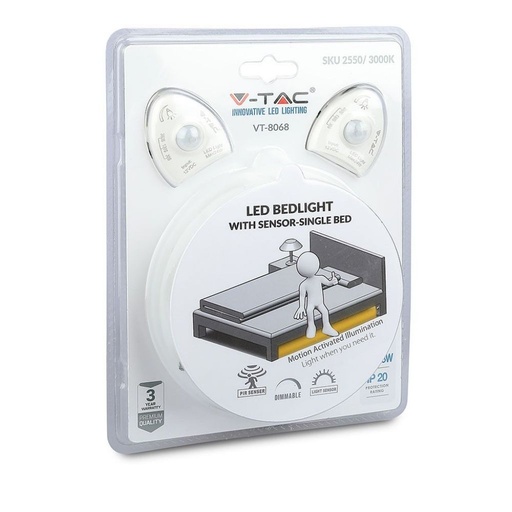 [2550] V-TAC Kit Strip LED Luce Scendiletto Doppio (2*1,2m Strip 30 LED/m 2,8W+Alimentatore+2 Sensori di movimento) 12V 3000K Dimmerabile