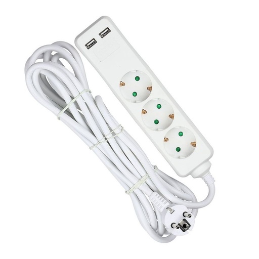 V-TAC Multipresa con Cavo 1,5m 3 Prese 10A 2P + Schuko 2 USB e Interruttore Luminoso Spina Schuko Colore Bianco