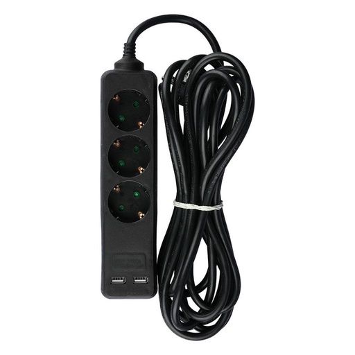 V-TAC Multipresa con Cavo 1,5m 3 Prese 10A 2P + Schuko 2 USB e Interruttore Luminoso Spina Schuko Colore Nero