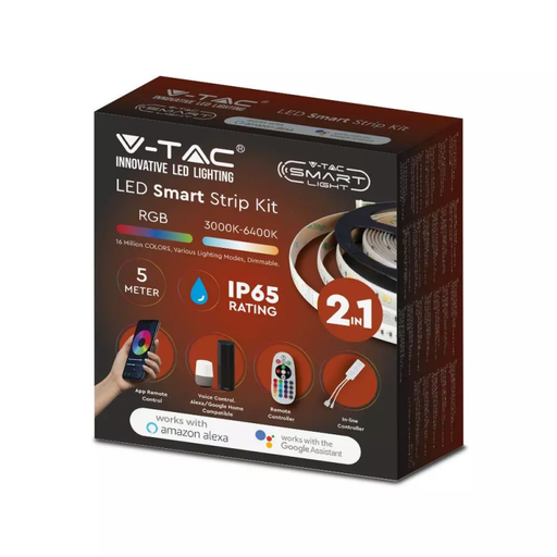 [2628] V-TAC Kit per Strip LED SMD5050 4W/m 54LED/m RGB e 3in1 5 metri 12V Con Controllo Wifi Compatibile con Google Home e Amazon Alexa Dimmerabile IP65