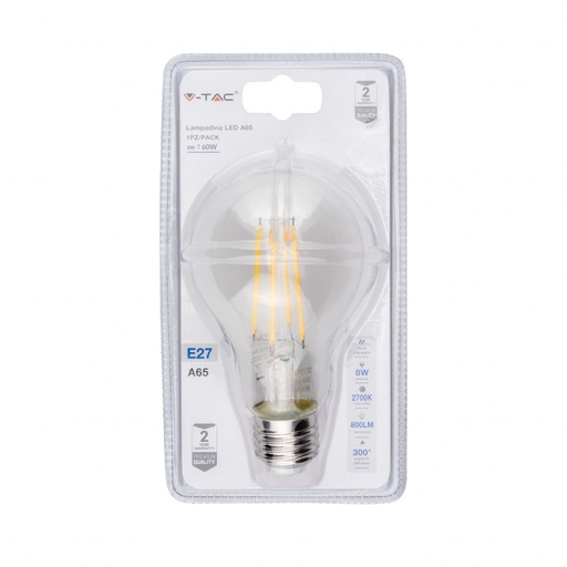 [2829] V-TAC Lampadina LED E27 8W A65 Filamento 2700K (Blister 1 Pezzo)