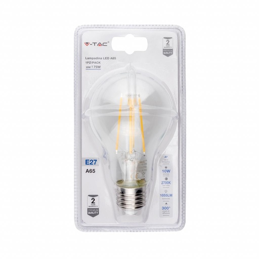 [2830] V-TAC Lampadina LED E27 10W A65 Filamento 2700K (Blister 1 Pezzo)