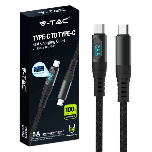 [7746] V-TAC Cavo da USB Tipo-C a USB Tipo-C 1m Ricarica Rapida 5A 100W con Display LED Colore Nero