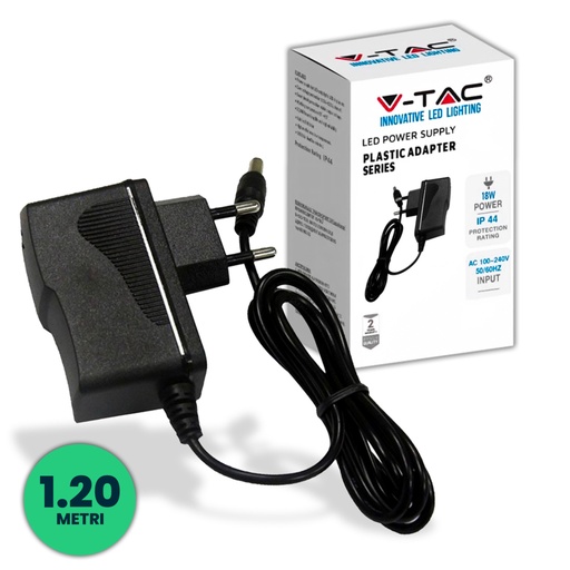 [3237] V-TAC Alimentatore in Plastica 18W 12V 1,5A Plug&Play con Jack 2,1 Colore Nero IP44