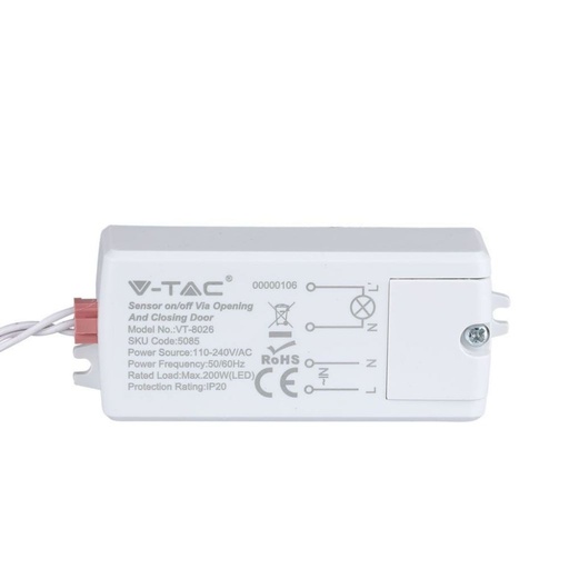 [5085] V-TAC Sensore di Movimento a Infrarossi 30° Attivazione tramite Apertura/Chiusura Porta (5-6cm) Colore Bianco (Max 200W) IP20