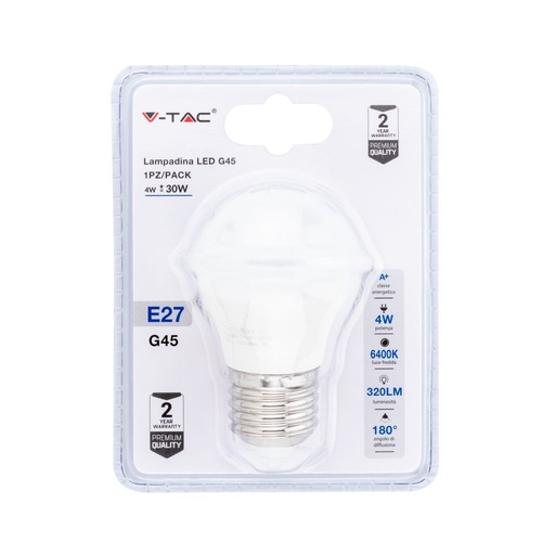 V-TAC Lampadina LED E27 4W G45 2700K (Blister 1 Pezzo)