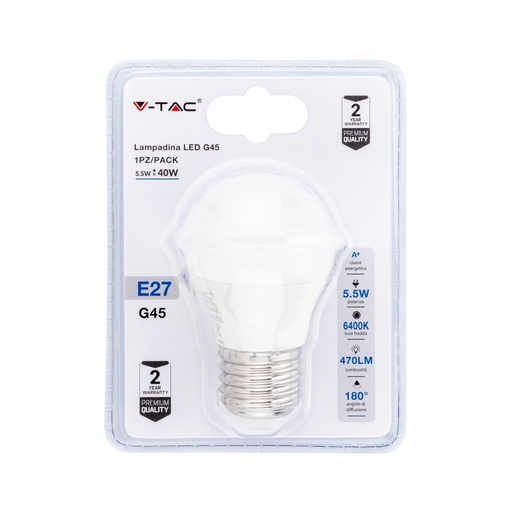 V-TAC Lampadina LED E27 5,5W G45 2700K (Blister 1 Pezzo)