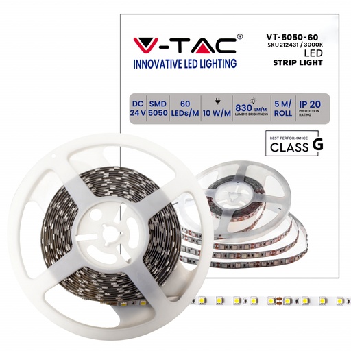 V-TAC Strip LED SMD5050 10W/m 5m 60 LED/m 24V 3000K IP20 10mm